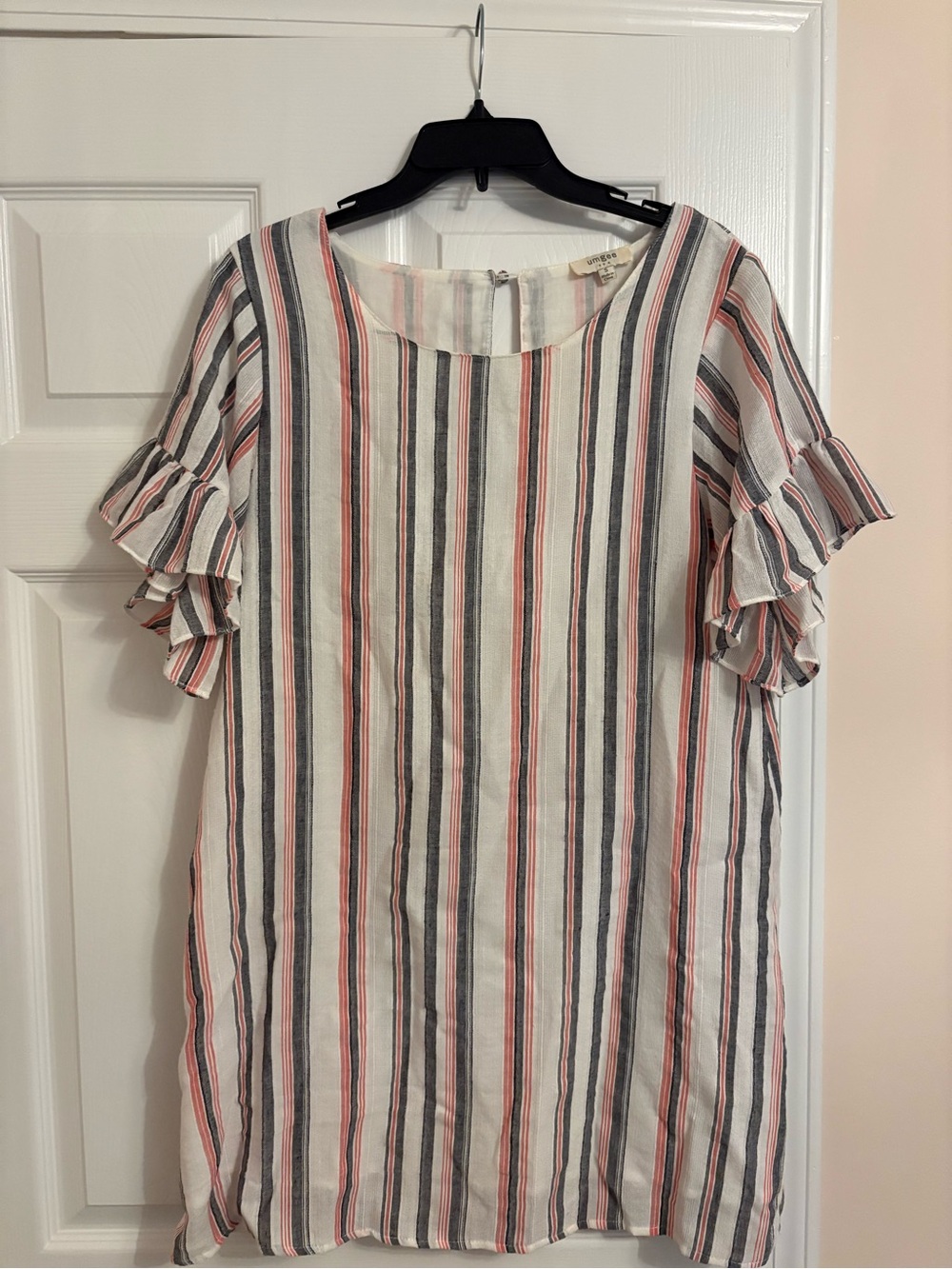 Umgee Vertical Striped Ruffle Sleeve Dress - White, Pink & Gray
